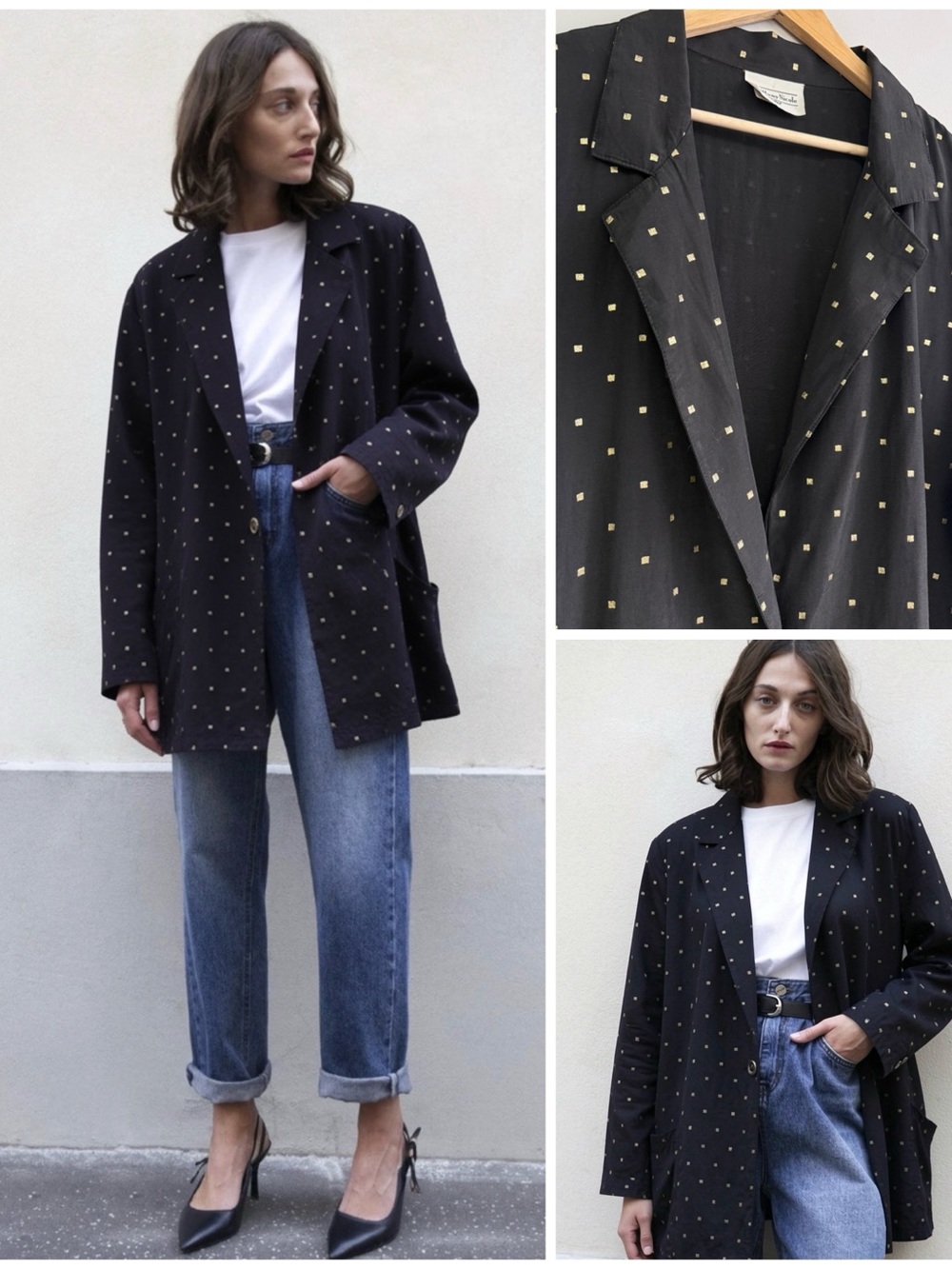 VTG 90s Slouchy Black Gold Metallic Blazer Lightweight Layering Oversized 80s LG